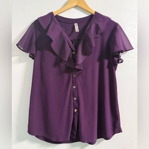 PerSeption Concept Deep Violet Ruffle Blouse XL | Sheer Flutter Sleeves